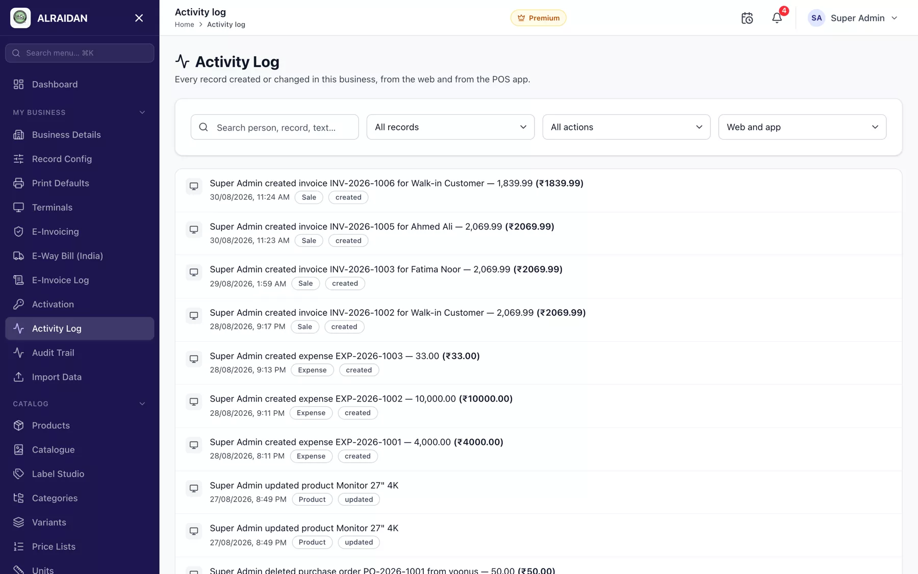 The Activity log screen in MCPOS.