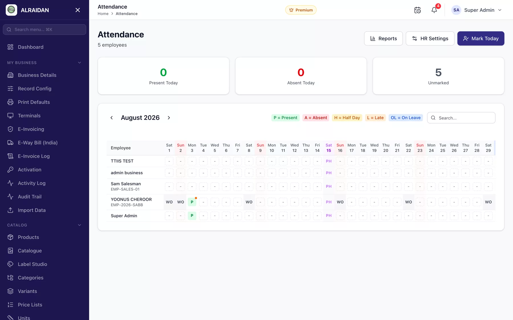 The Attendance screen in MCPOS.