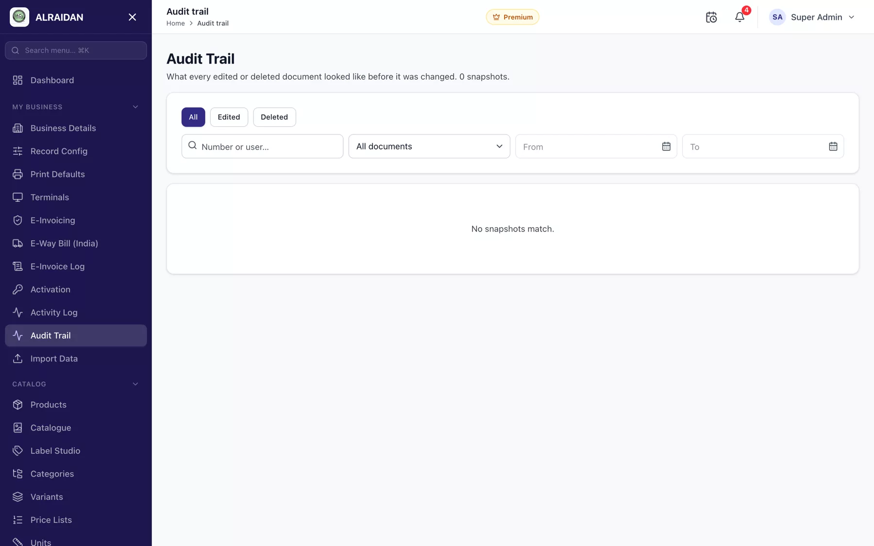 The Audit trail screen in MCPOS.