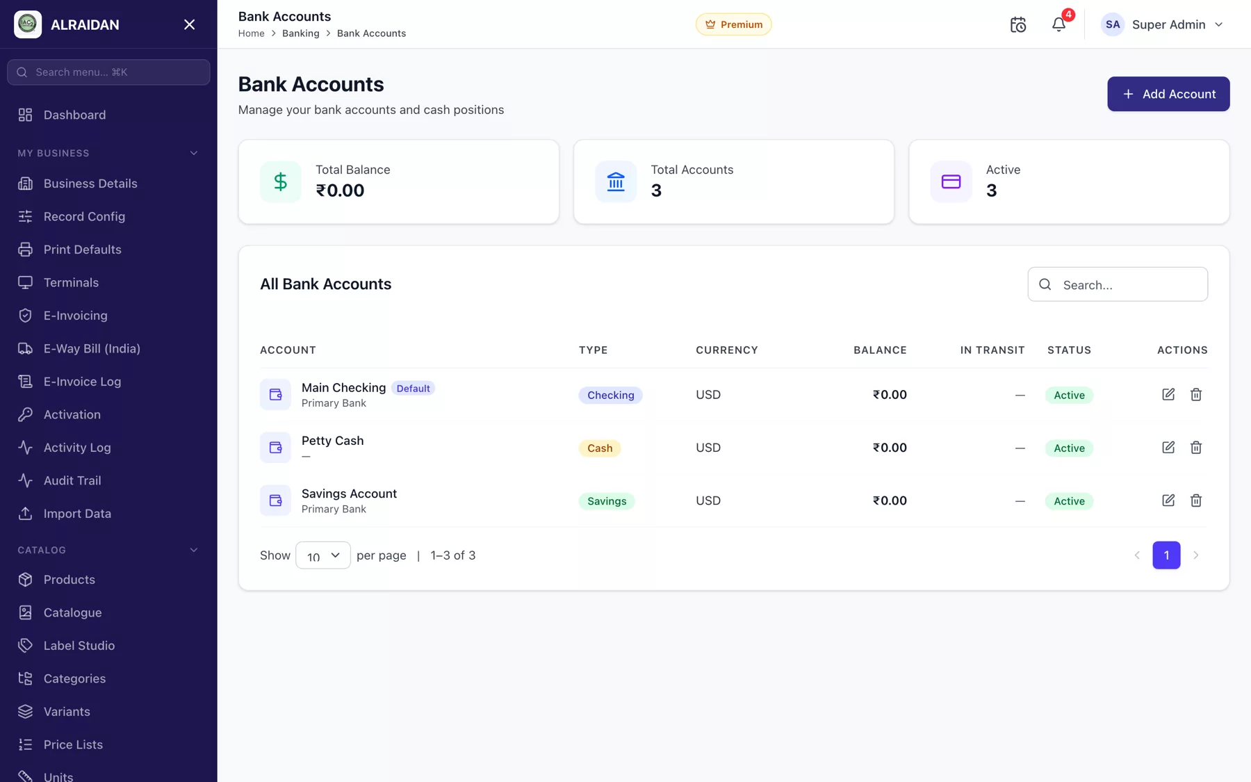 The Bank accounts screen in MCPOS.