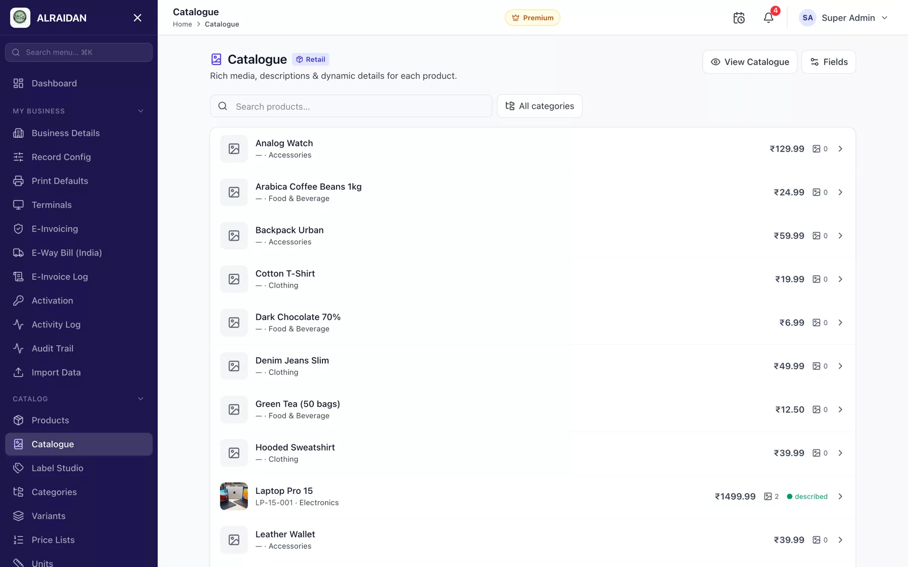 The Product catalogue screen in MCPOS.