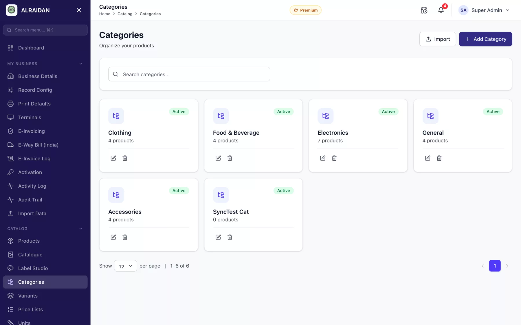 The Categories screen in MCPOS.