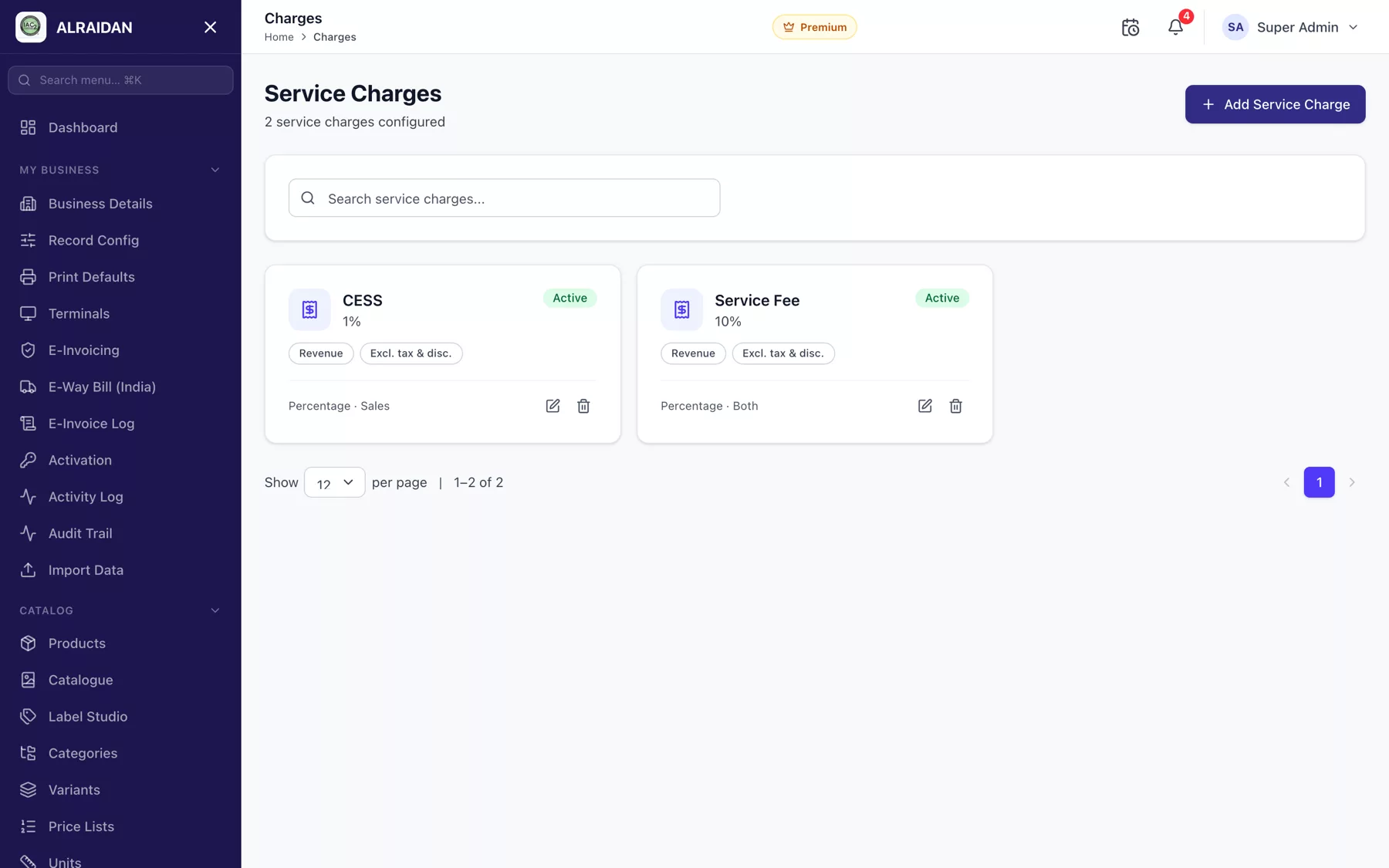The Service charges screen in MCPOS.