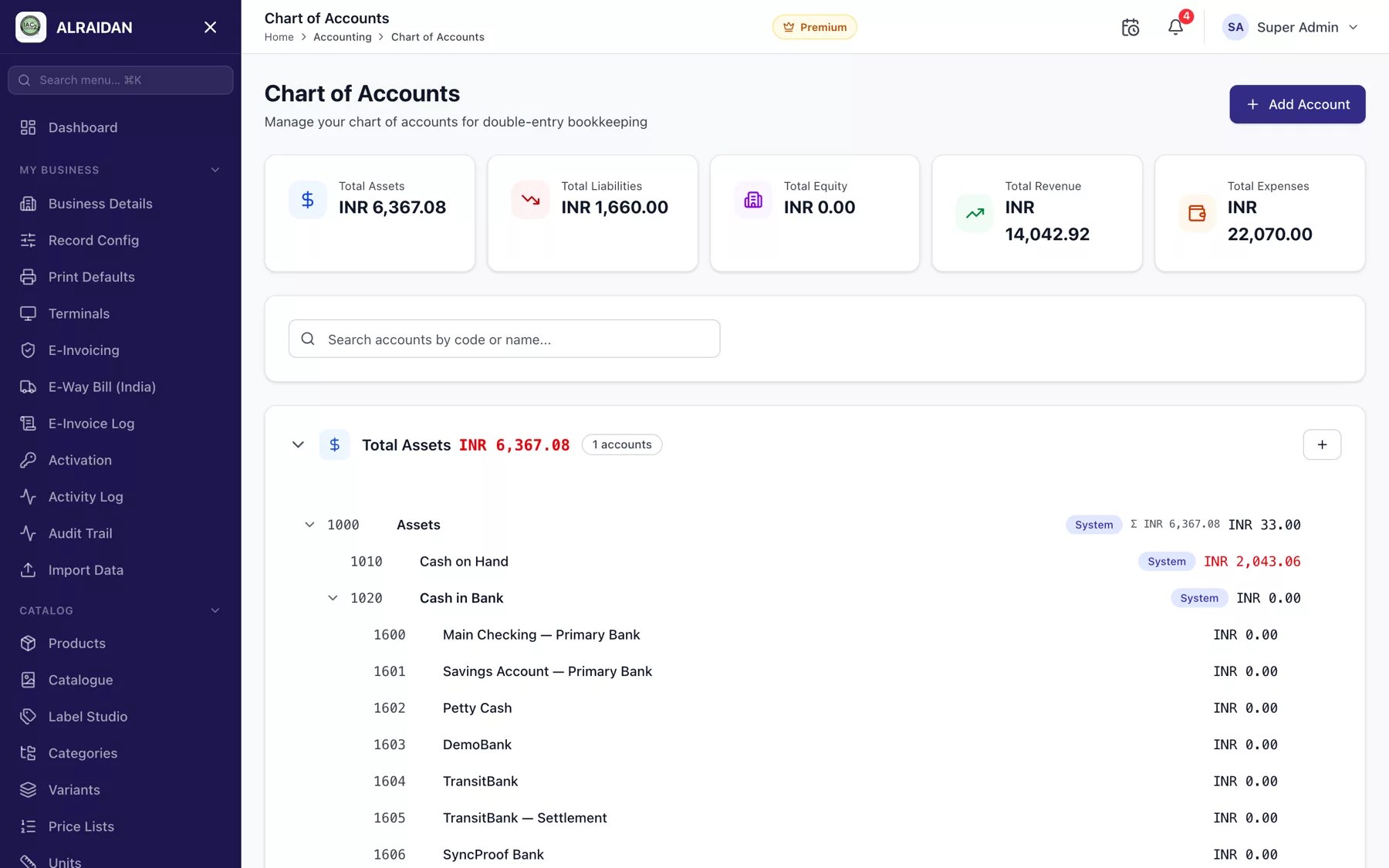 The Chart of accounts screen in MCPOS.