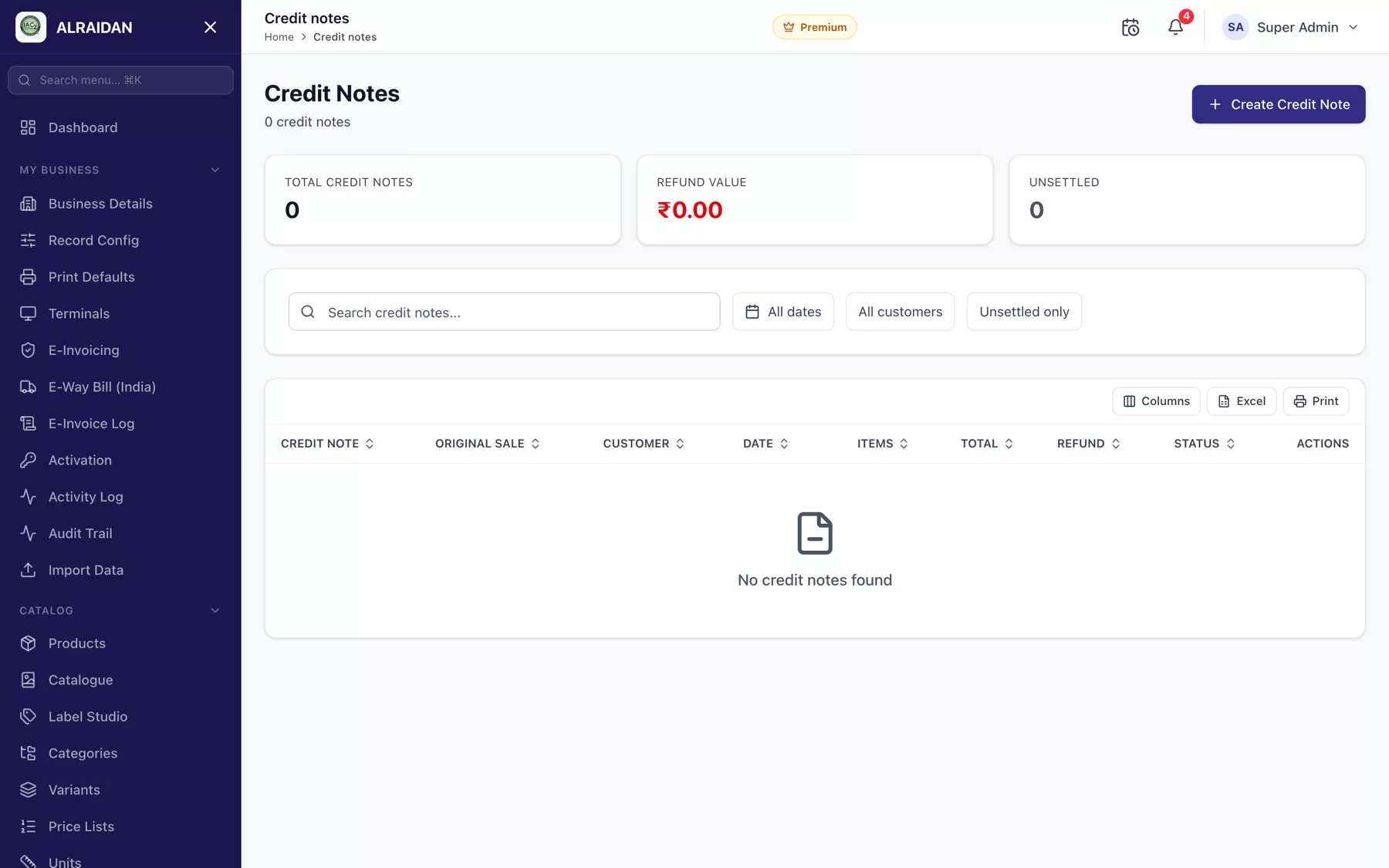The Credit notes screen in MCPOS.