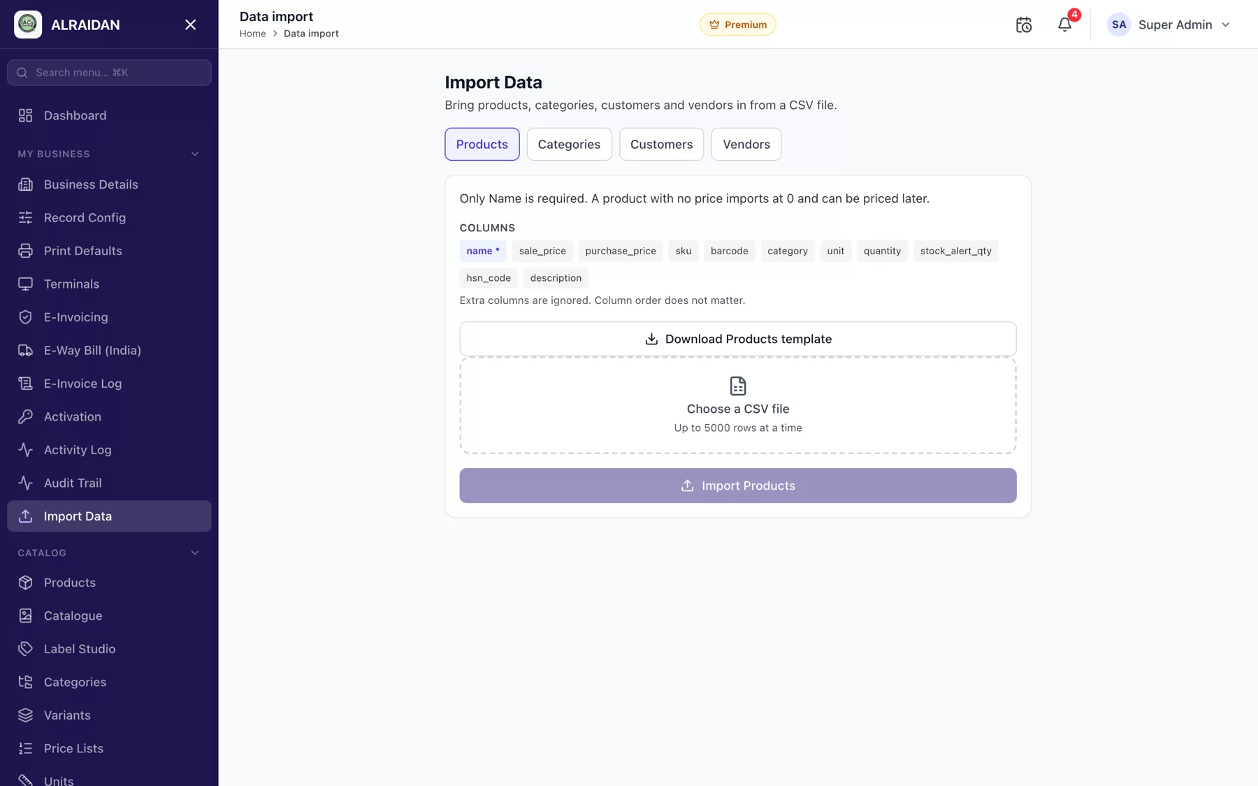 The Importing your data screen in MCPOS.