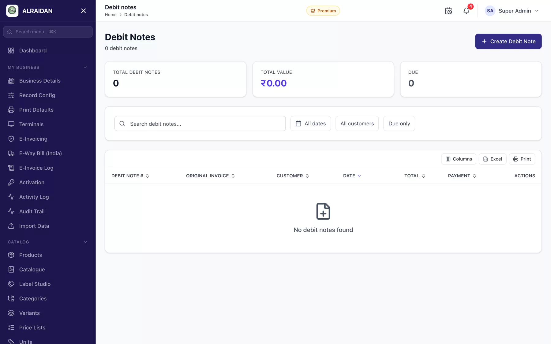 The Debit notes screen in MCPOS.