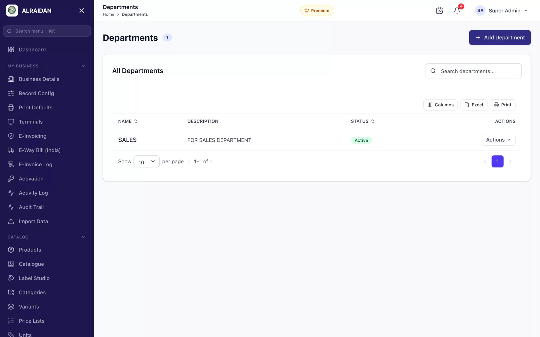 The Departments screen in MCPOS.