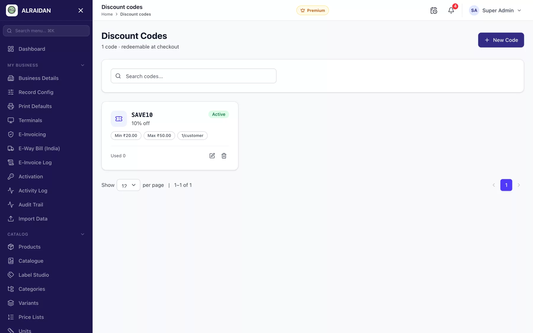 The Discount codes screen in MCPOS.