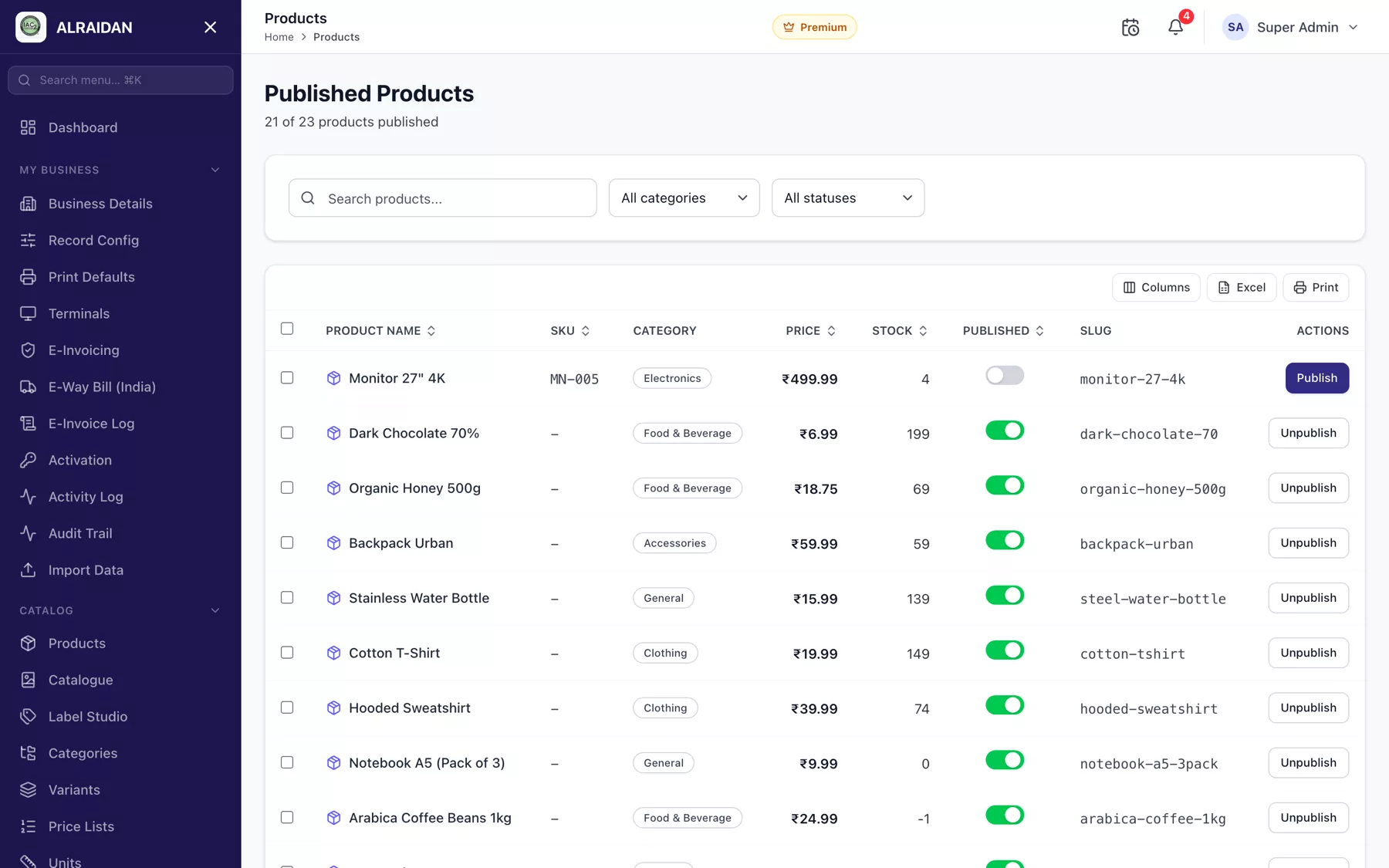The Publishing products online screen in MCPOS.