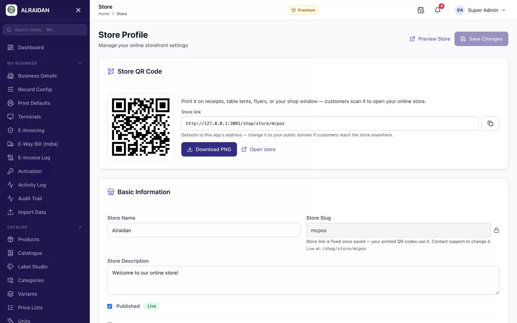 The Your online store screen in MCPOS.