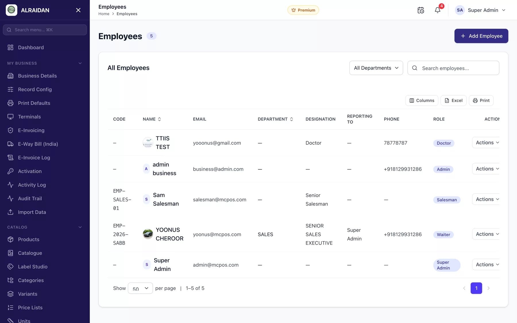 The Employees screen in MCPOS.