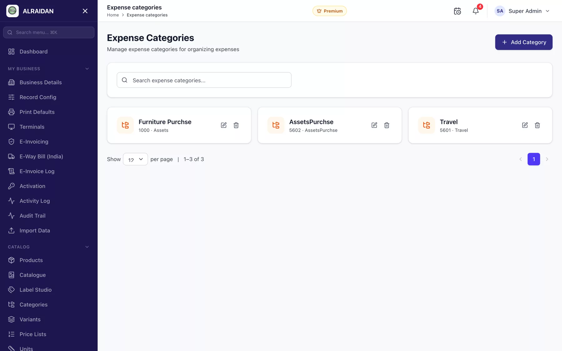 The Expense categories screen in MCPOS.