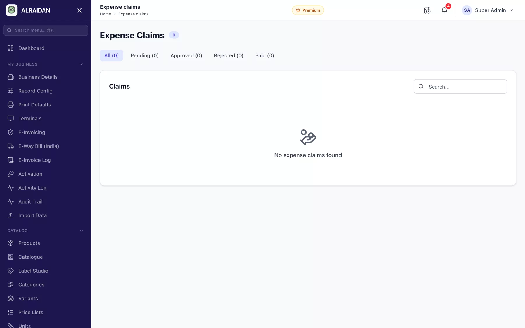 The Expense claims screen in MCPOS.
