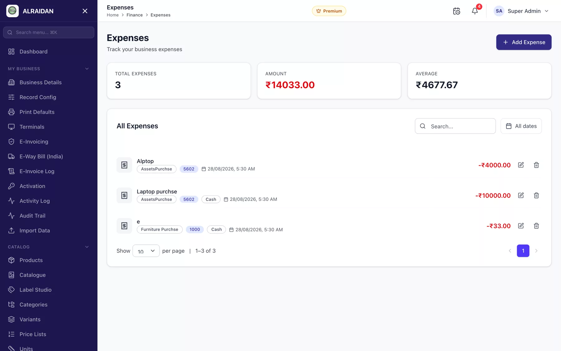 The Expenses screen in MCPOS.
