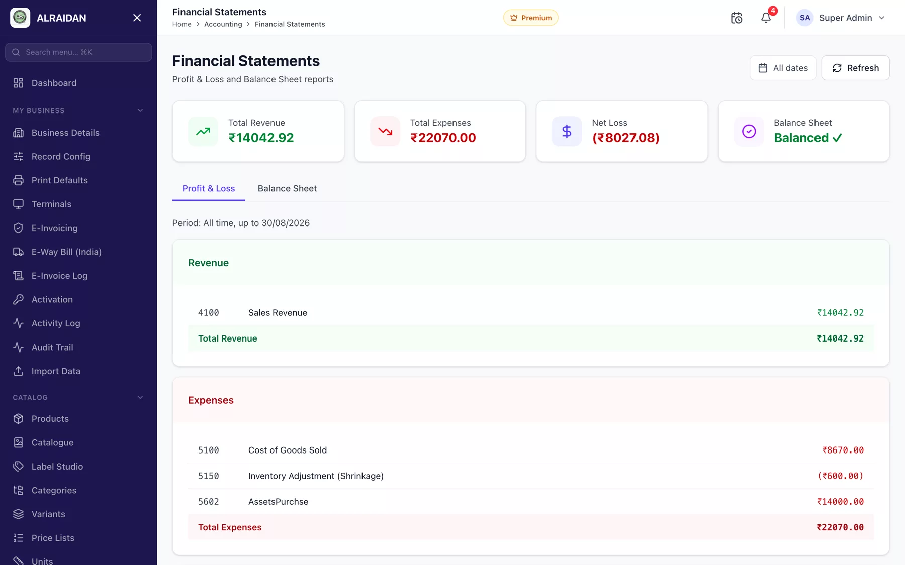 The Profit and loss, balance sheet screen in MCPOS.