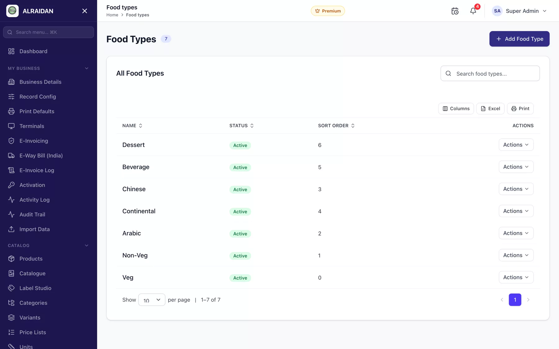 The Food types screen in MCPOS.