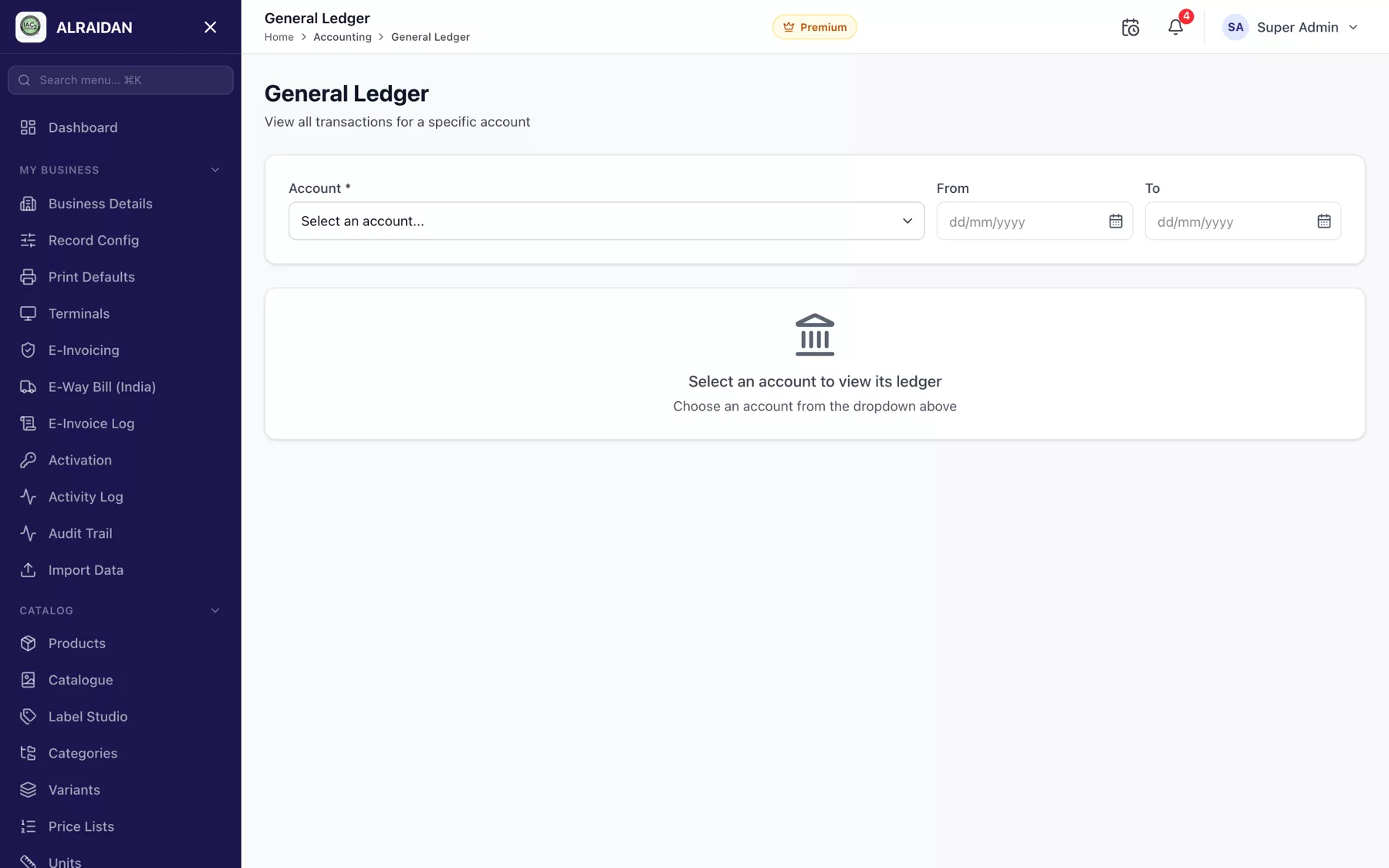 The General ledger screen in MCPOS.