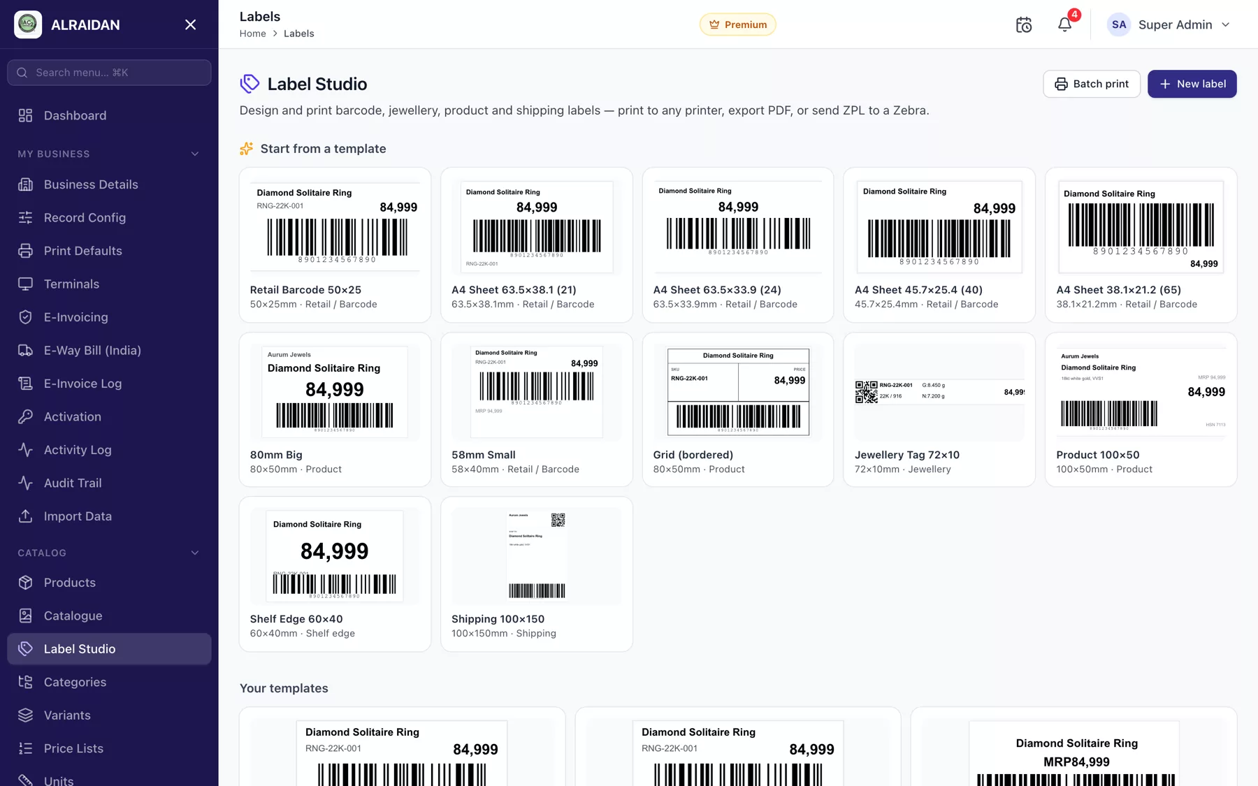 The Label Studio screen in MCPOS.