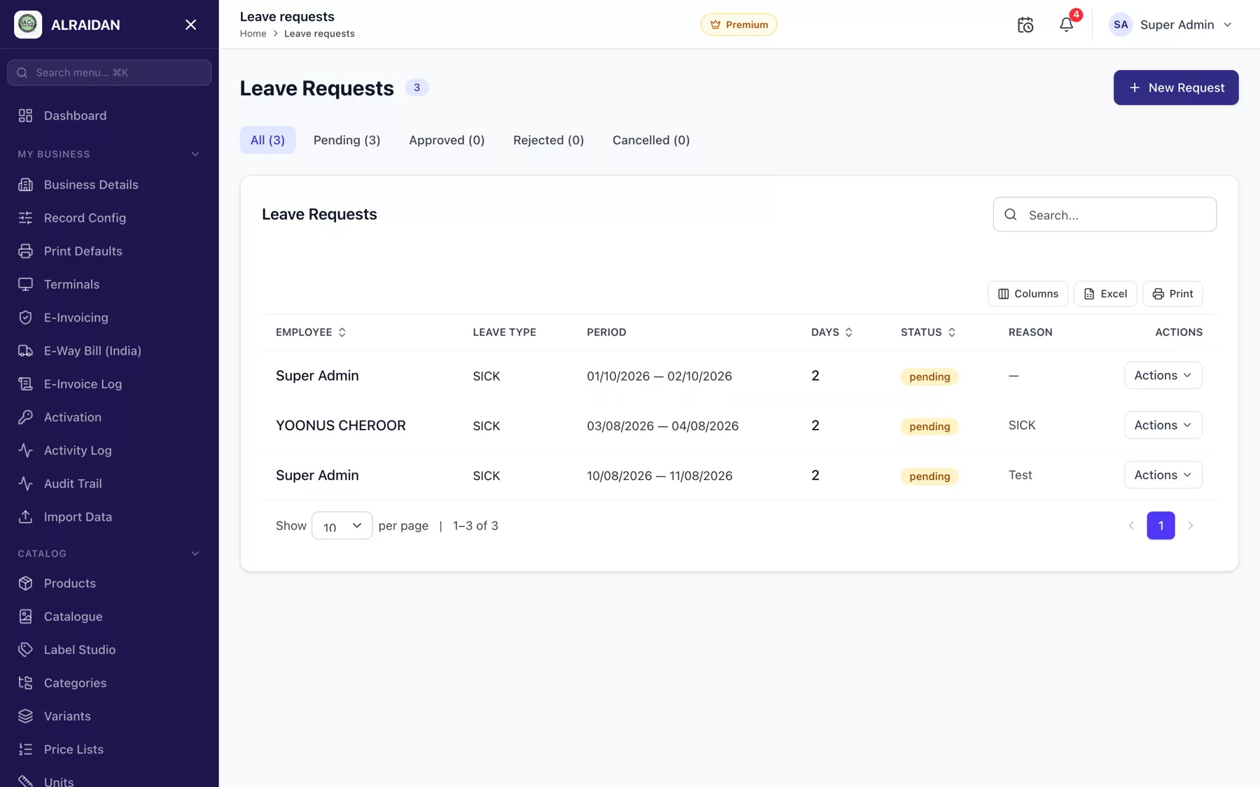 The Leave screen in MCPOS.