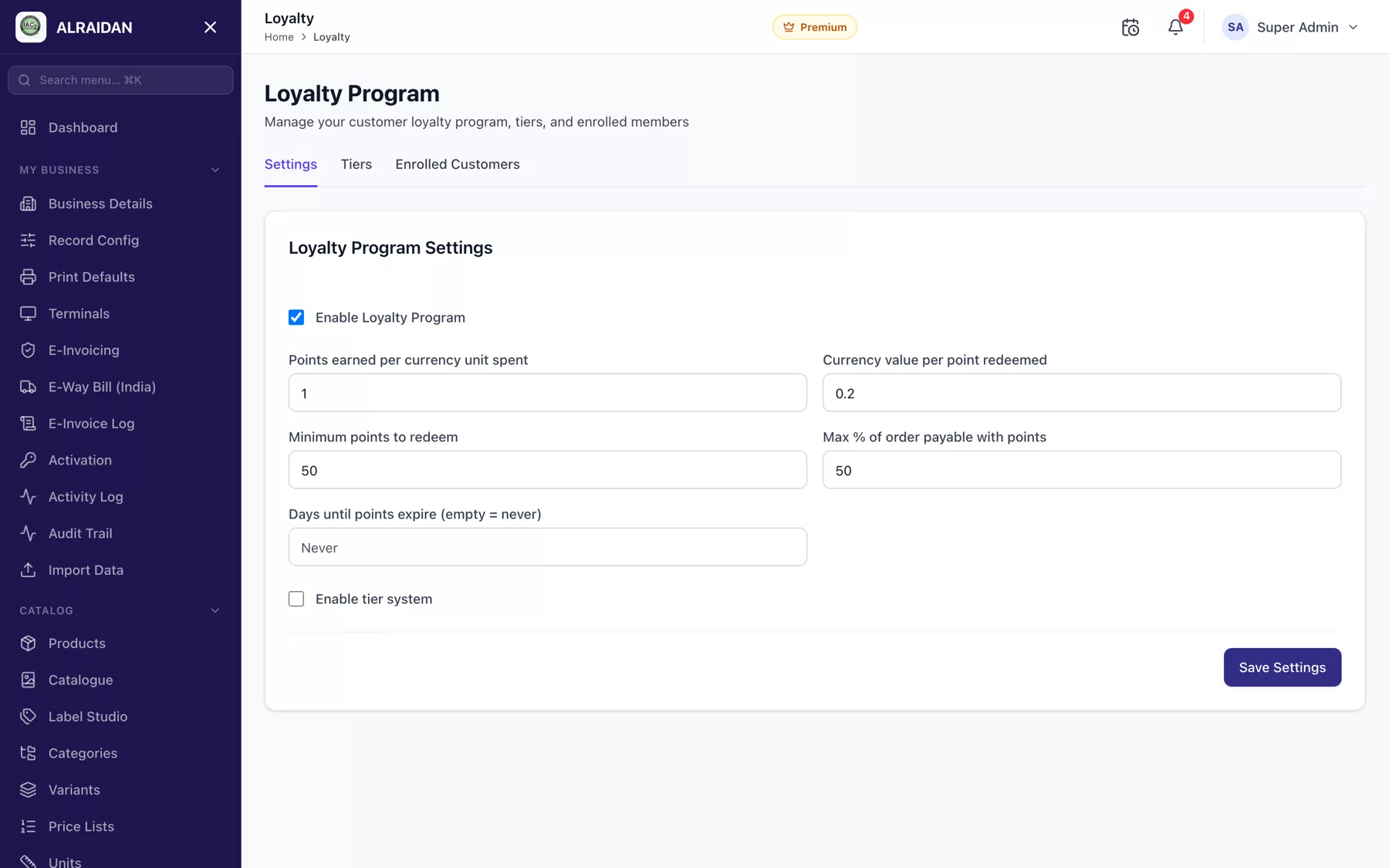 The Loyalty points screen in MCPOS.