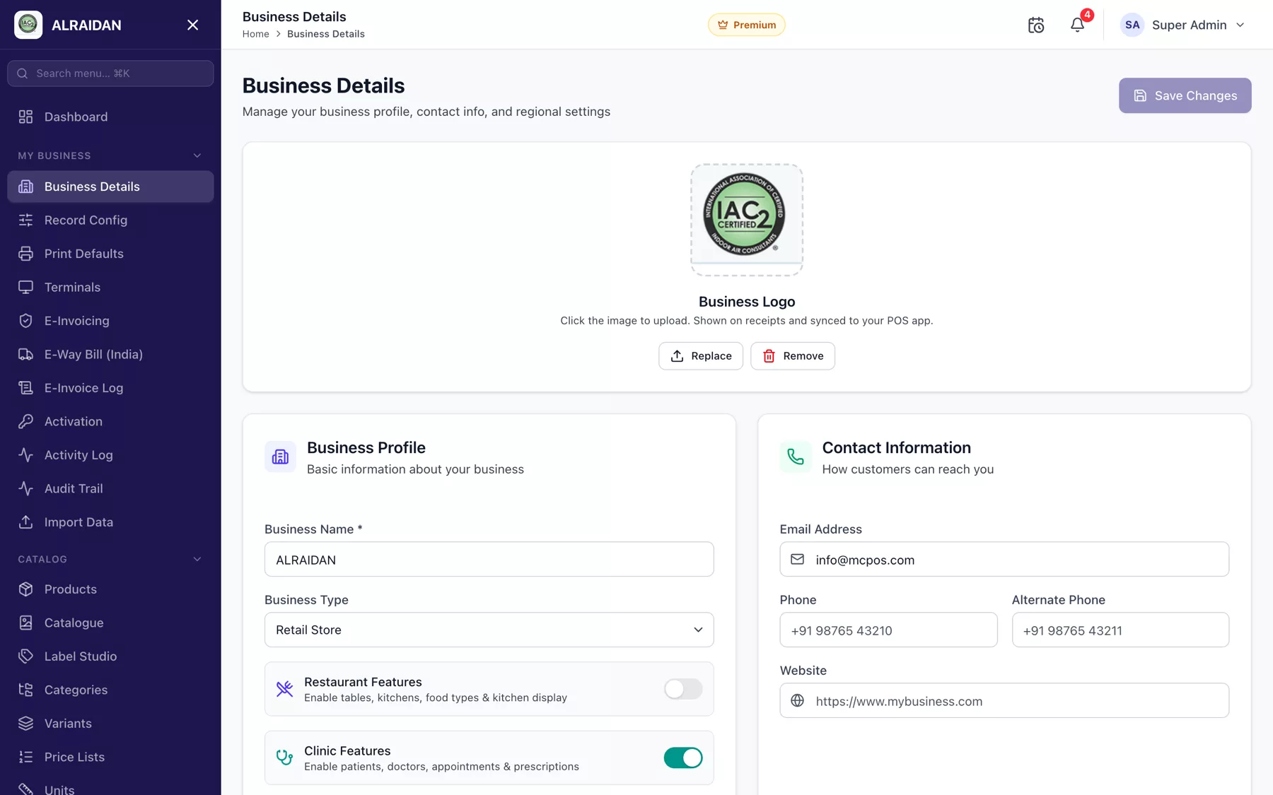 The Business details screen in MCPOS.