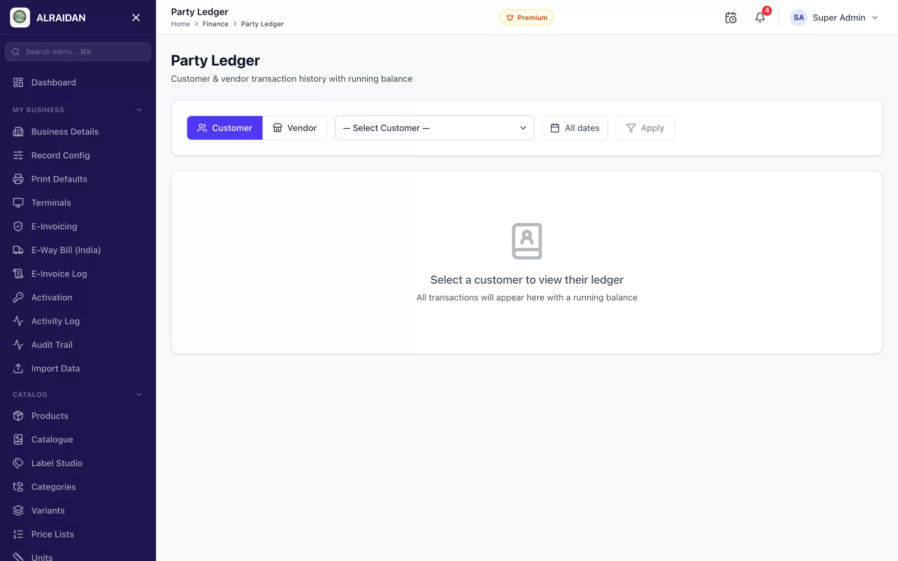 The Party ledger screen in MCPOS.