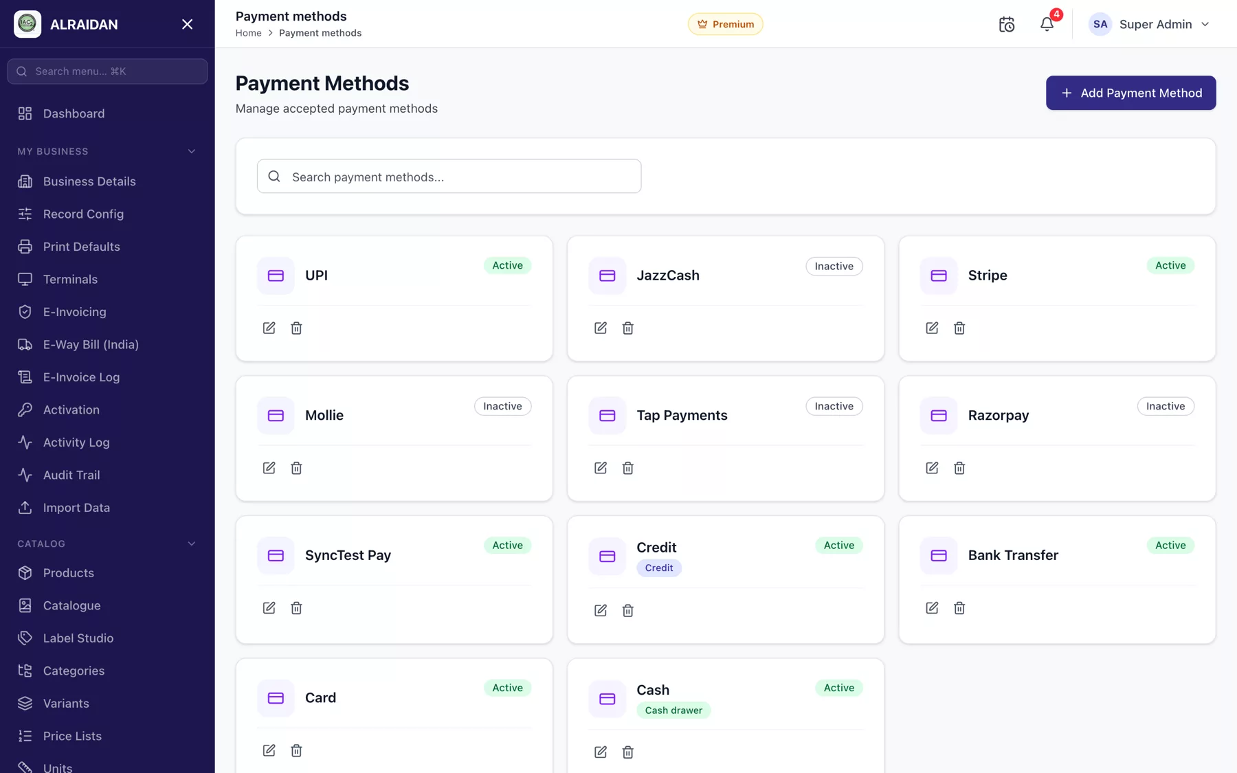 The Payment methods screen in MCPOS.