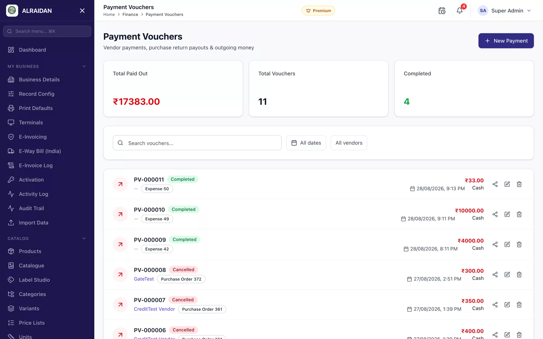 The Payment vouchers screen in MCPOS.