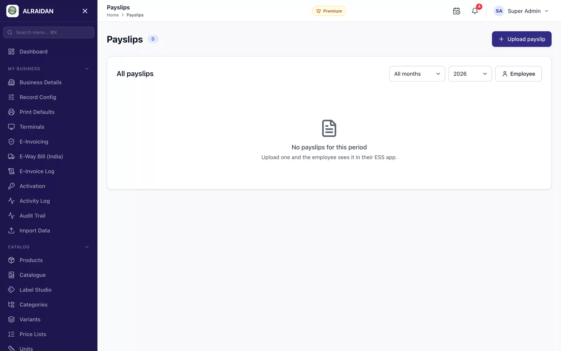 The Payslips screen in MCPOS.