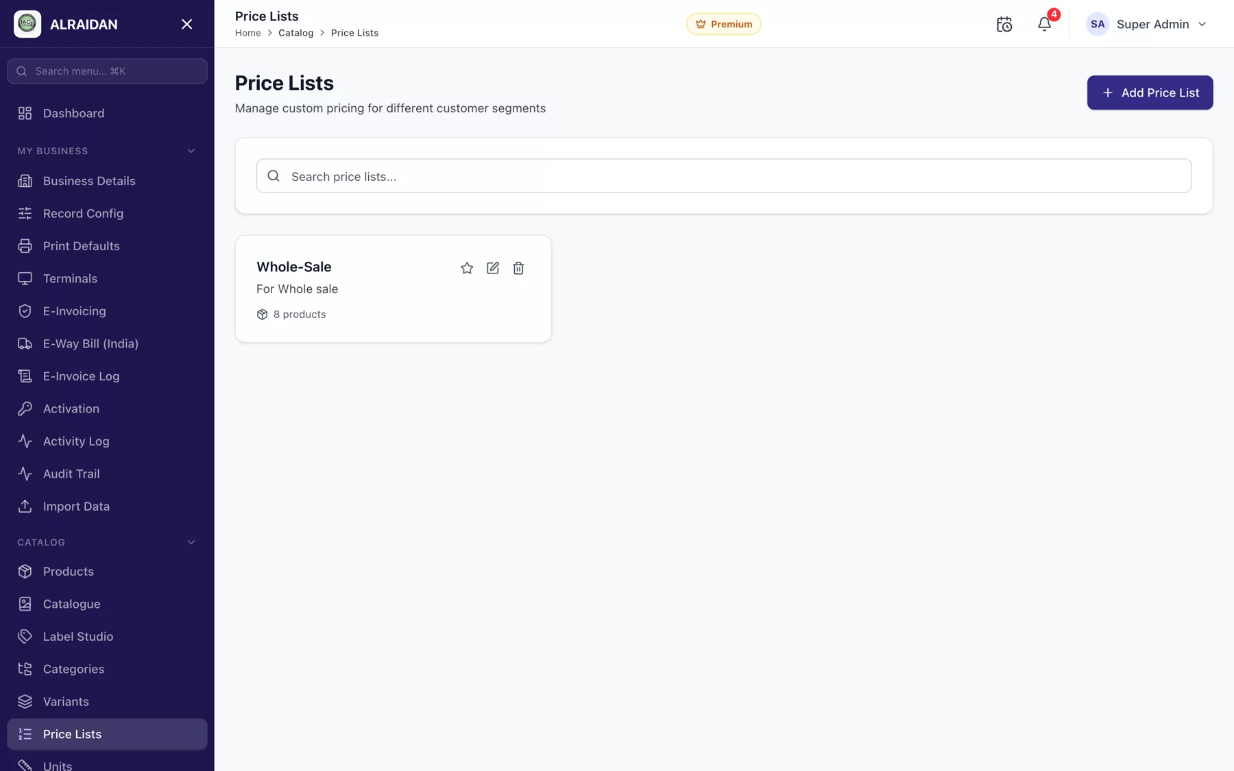 The Price lists screen in MCPOS.