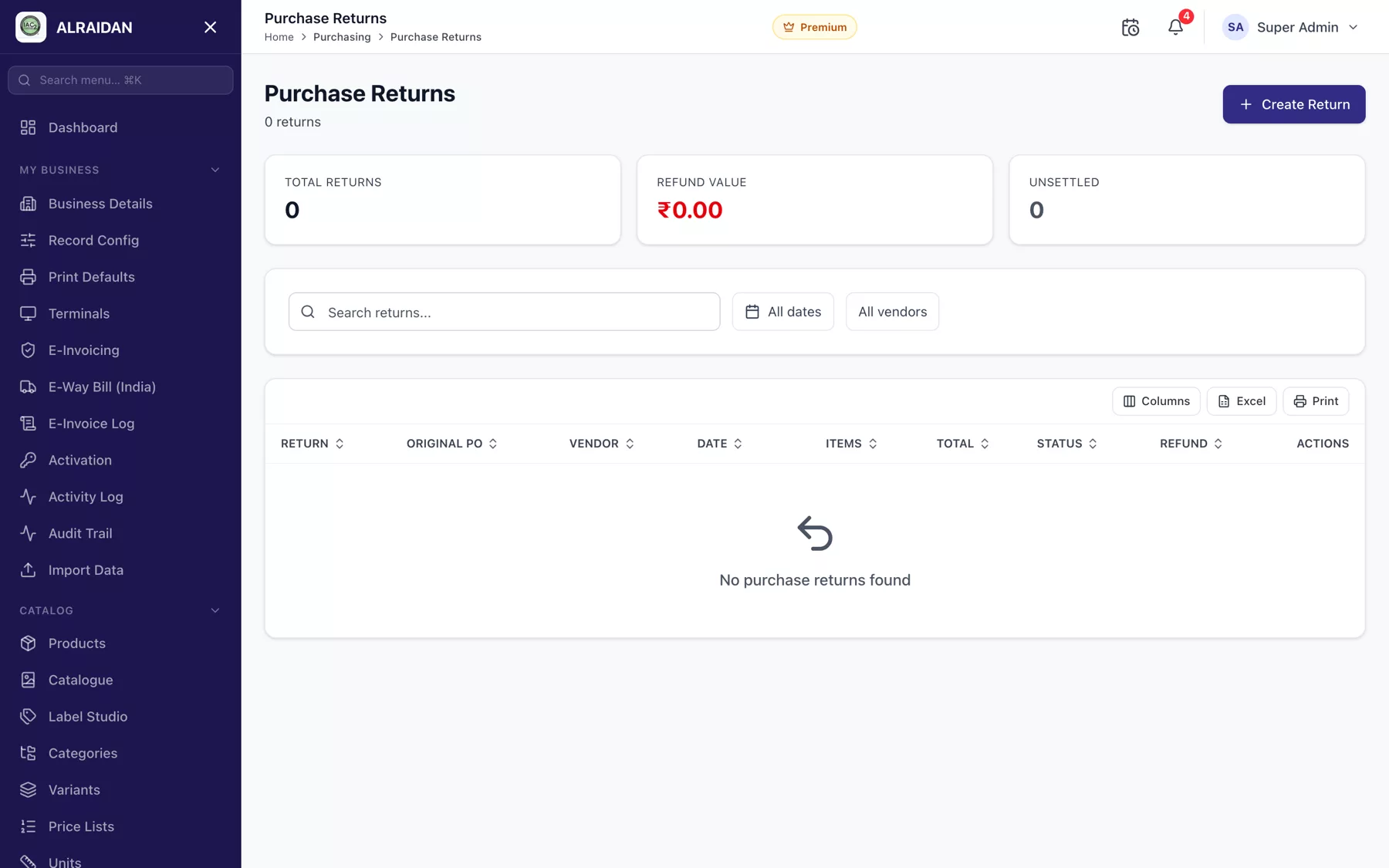 The Purchase returns screen in MCPOS.