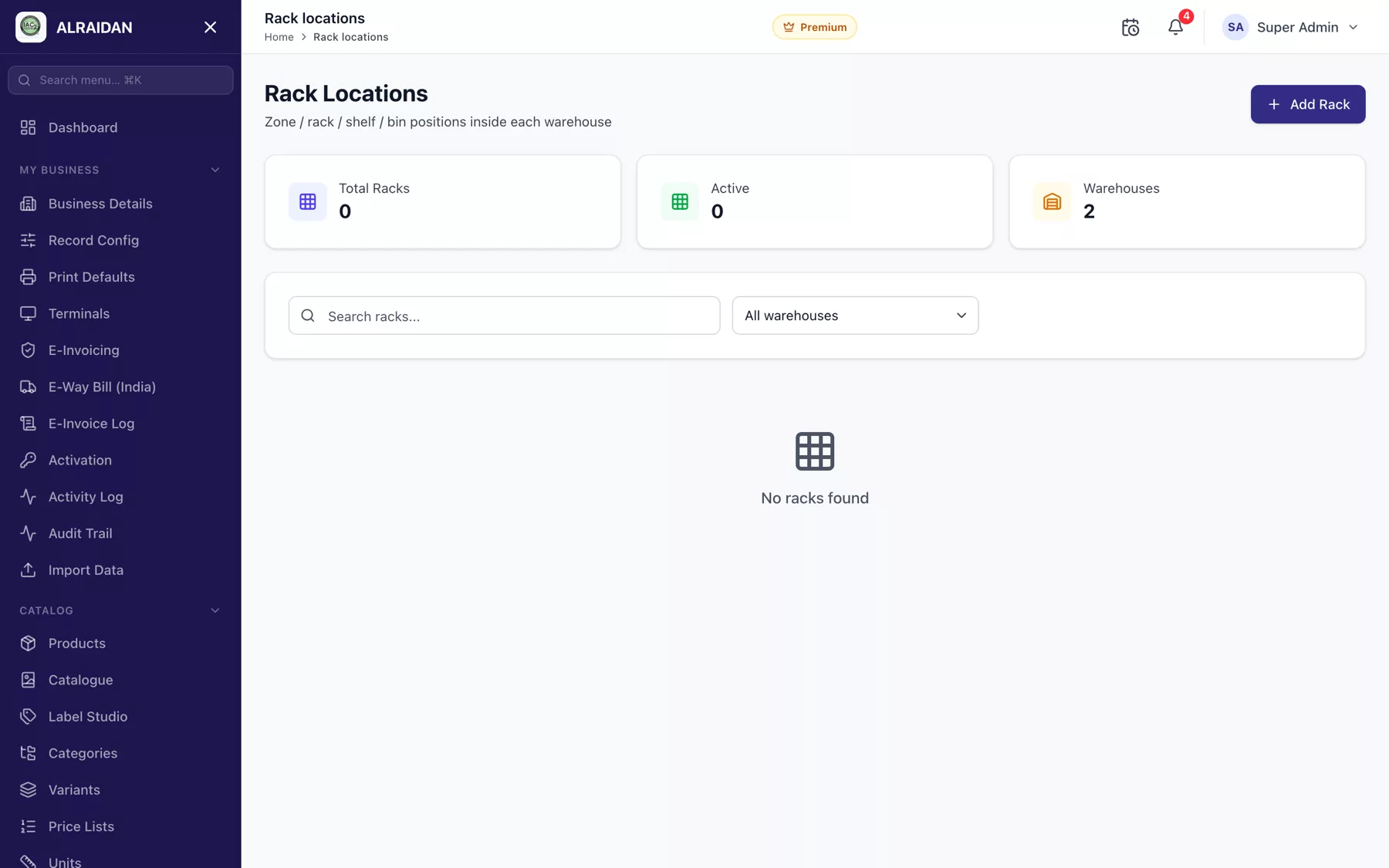 The Rack locations screen in MCPOS.
