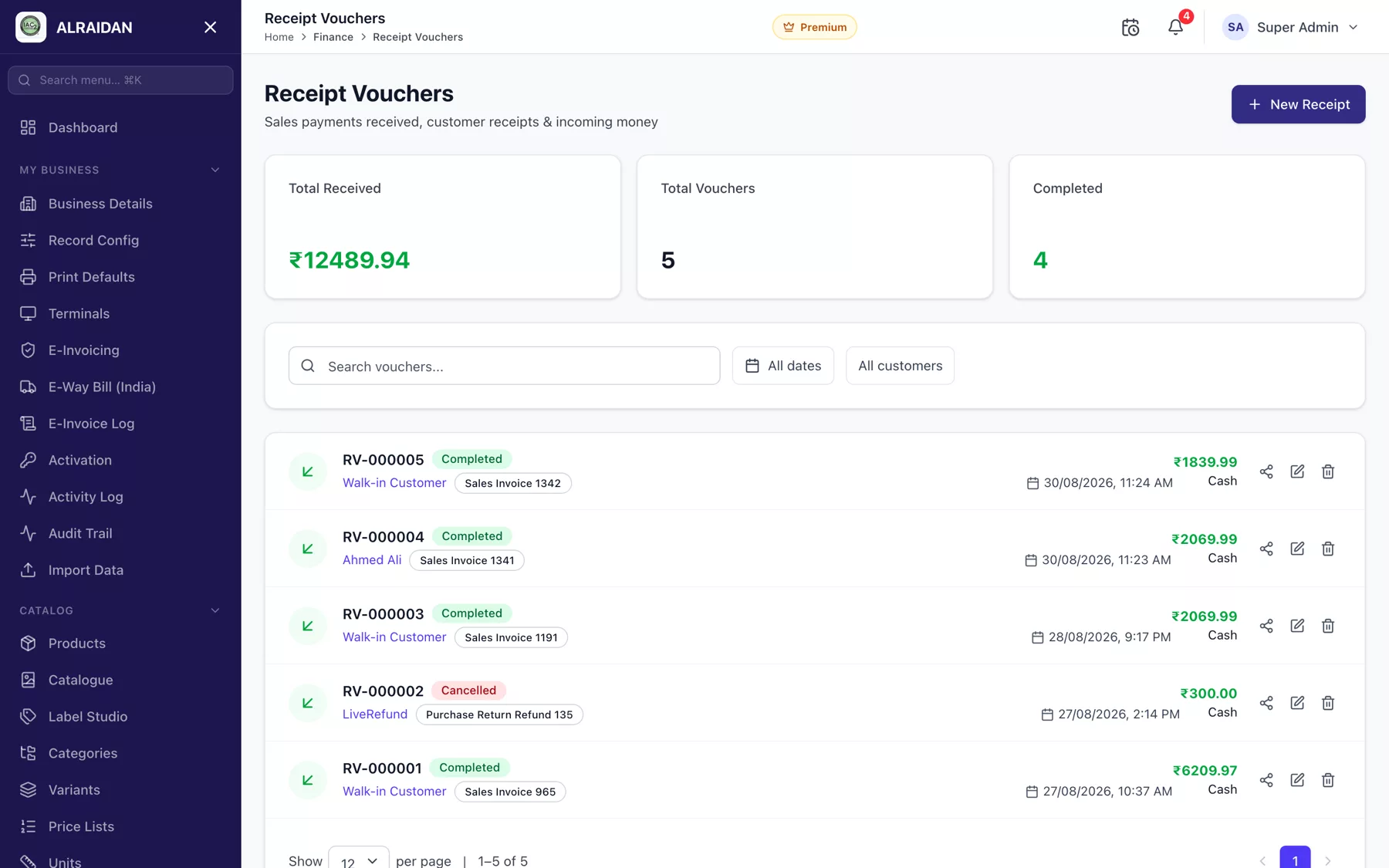 The Receipt vouchers screen in MCPOS.