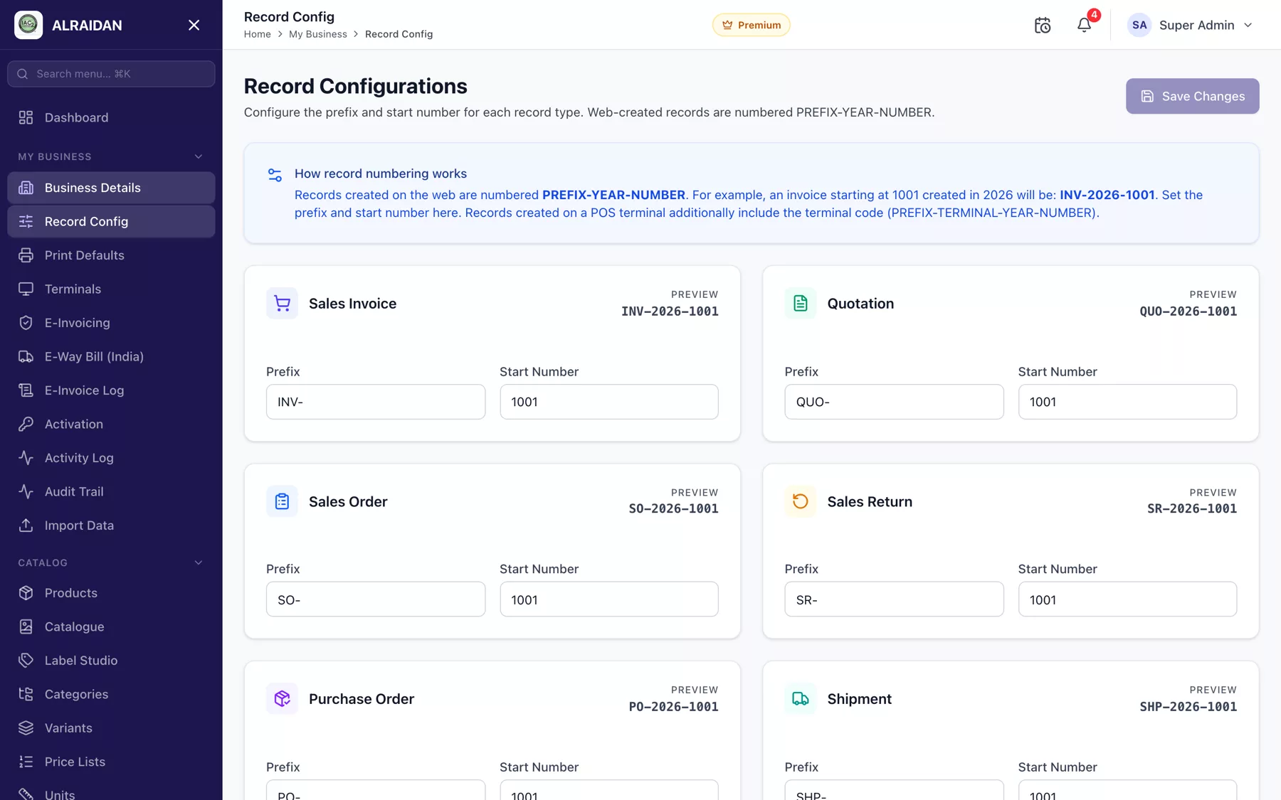 The Document numbering screen in MCPOS.