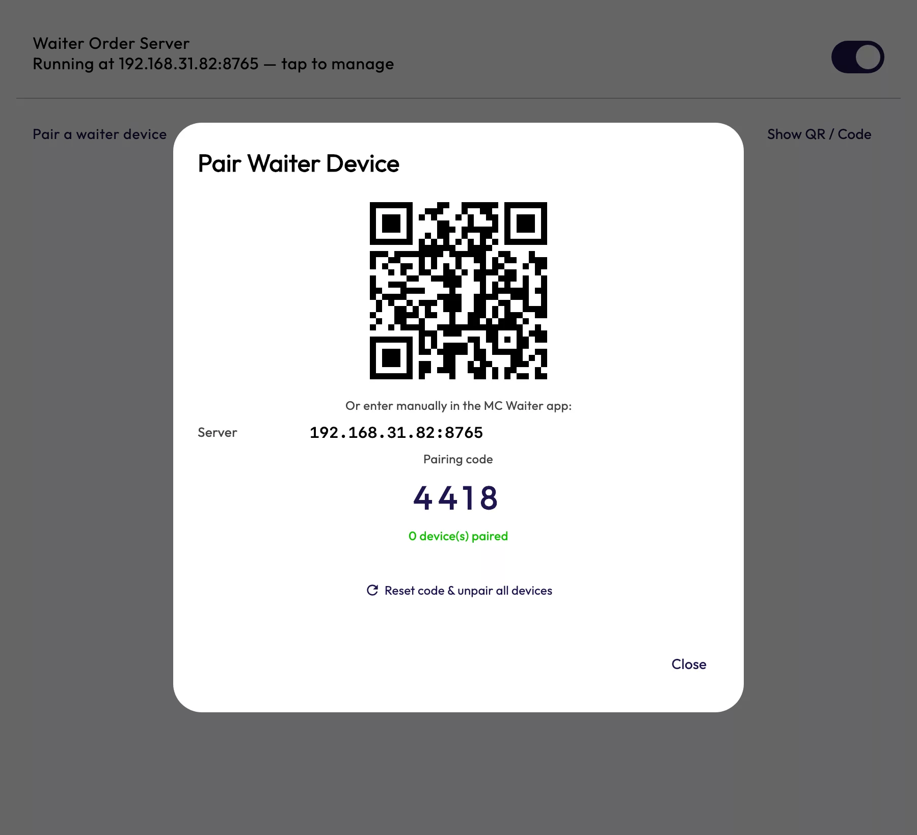 The Set up the waiter app screen in MC-POS.