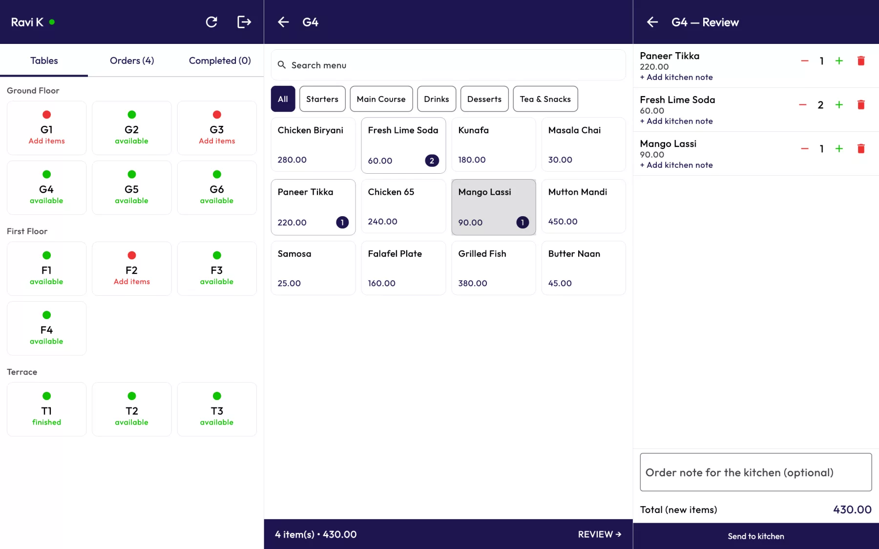 The Take orders on the waiter app screen in MC-POS.