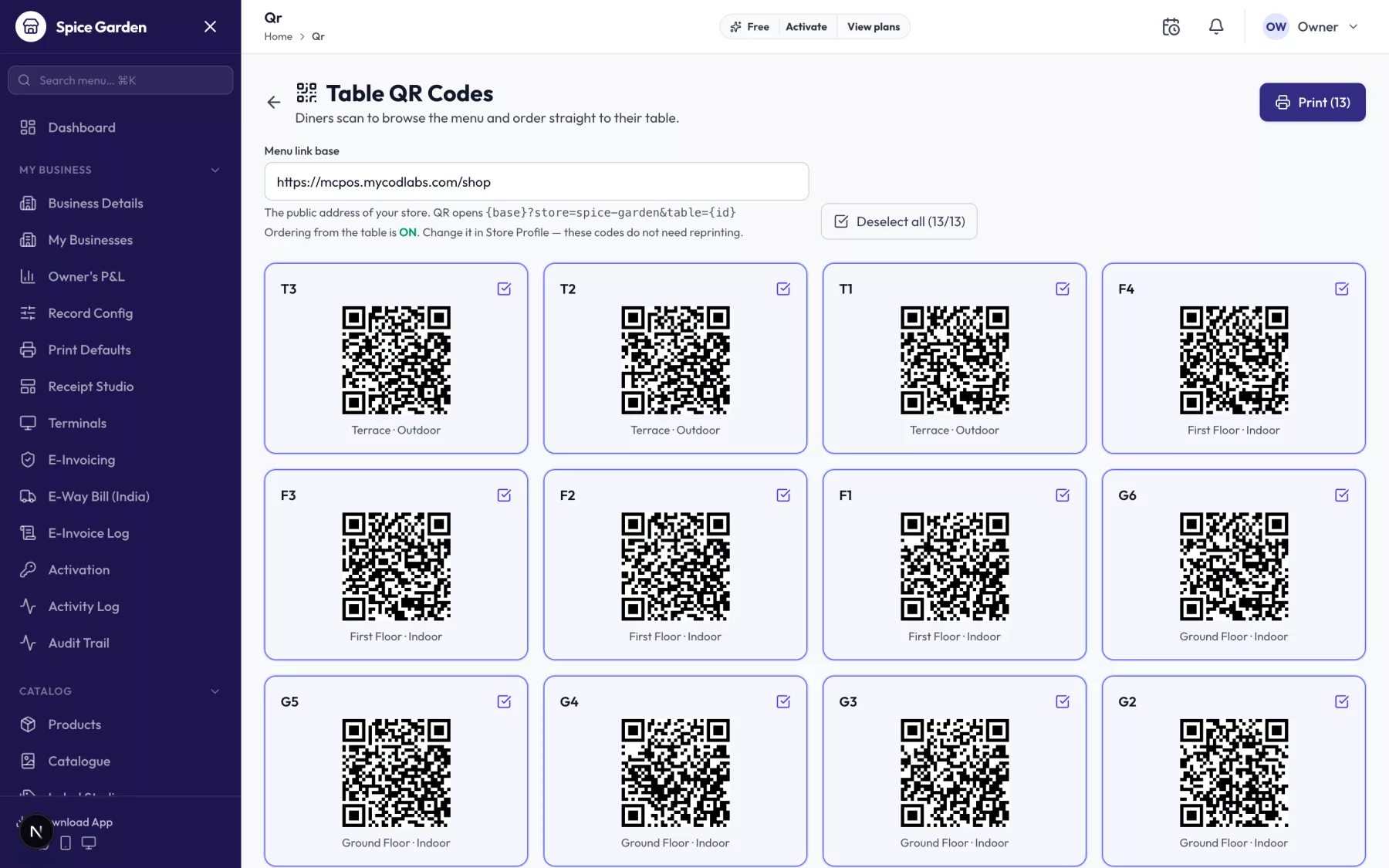 The Online table orders (QR) screen in MC-POS.