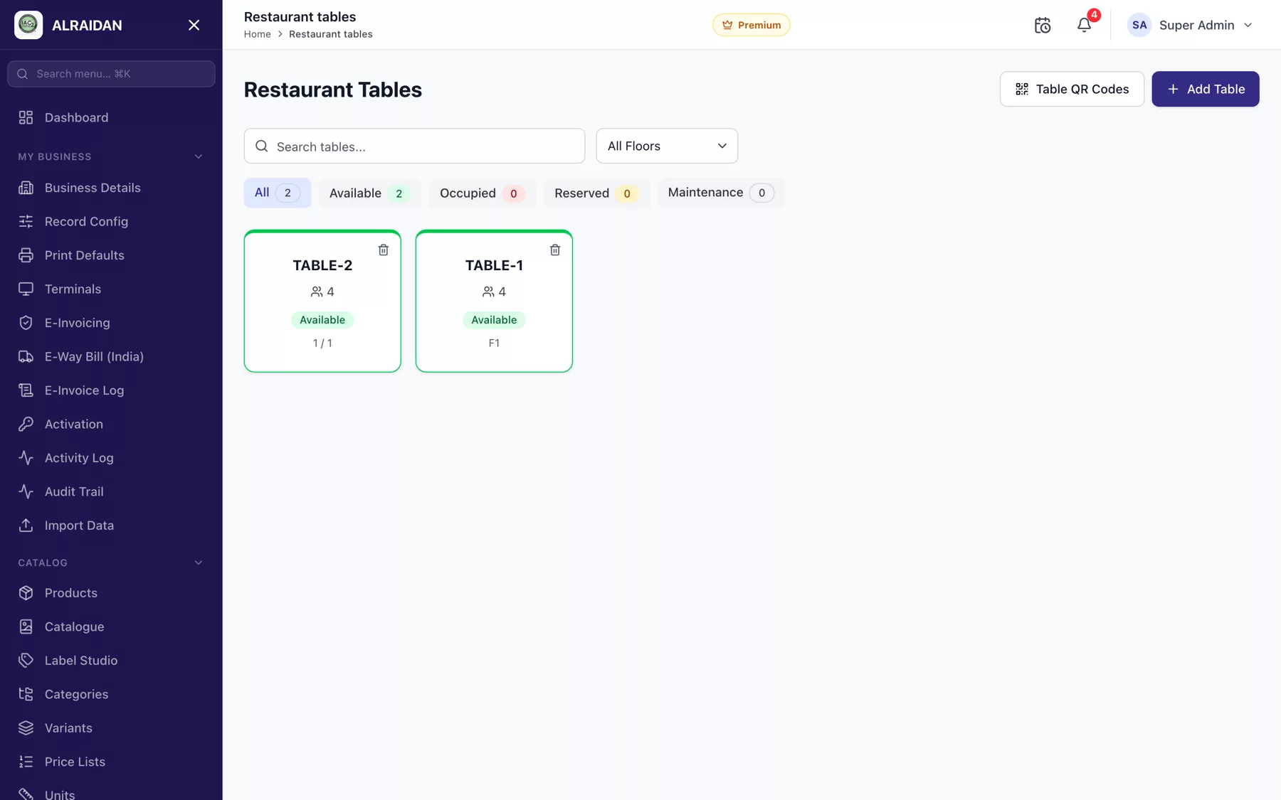 The Tables screen in MCPOS.