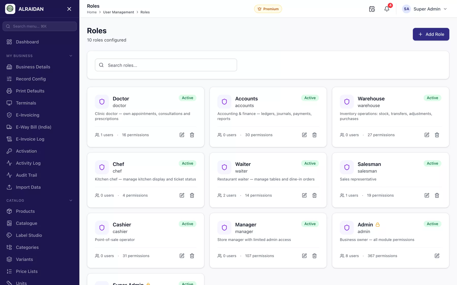 The Roles and permissions screen in MCPOS.