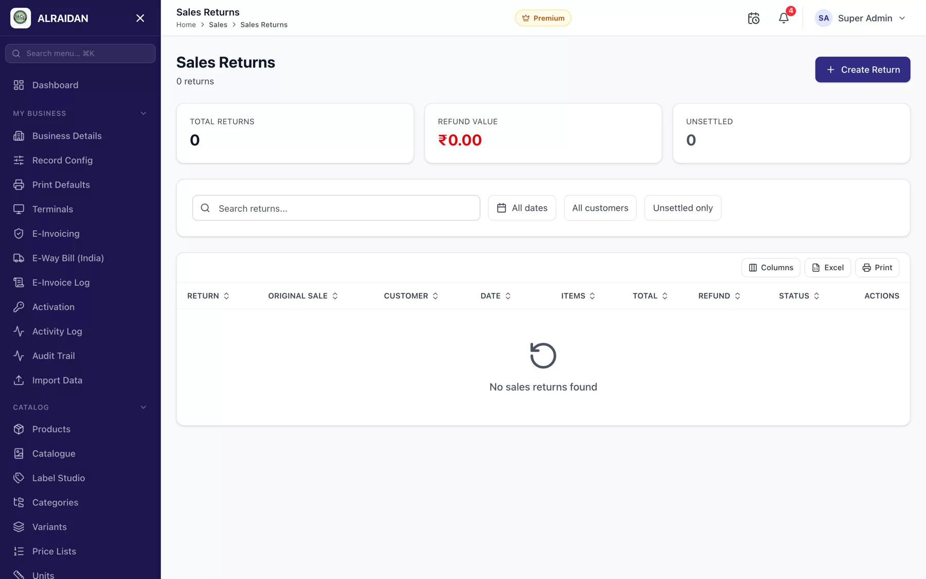 The Sales returns and refunds screen in MCPOS.
