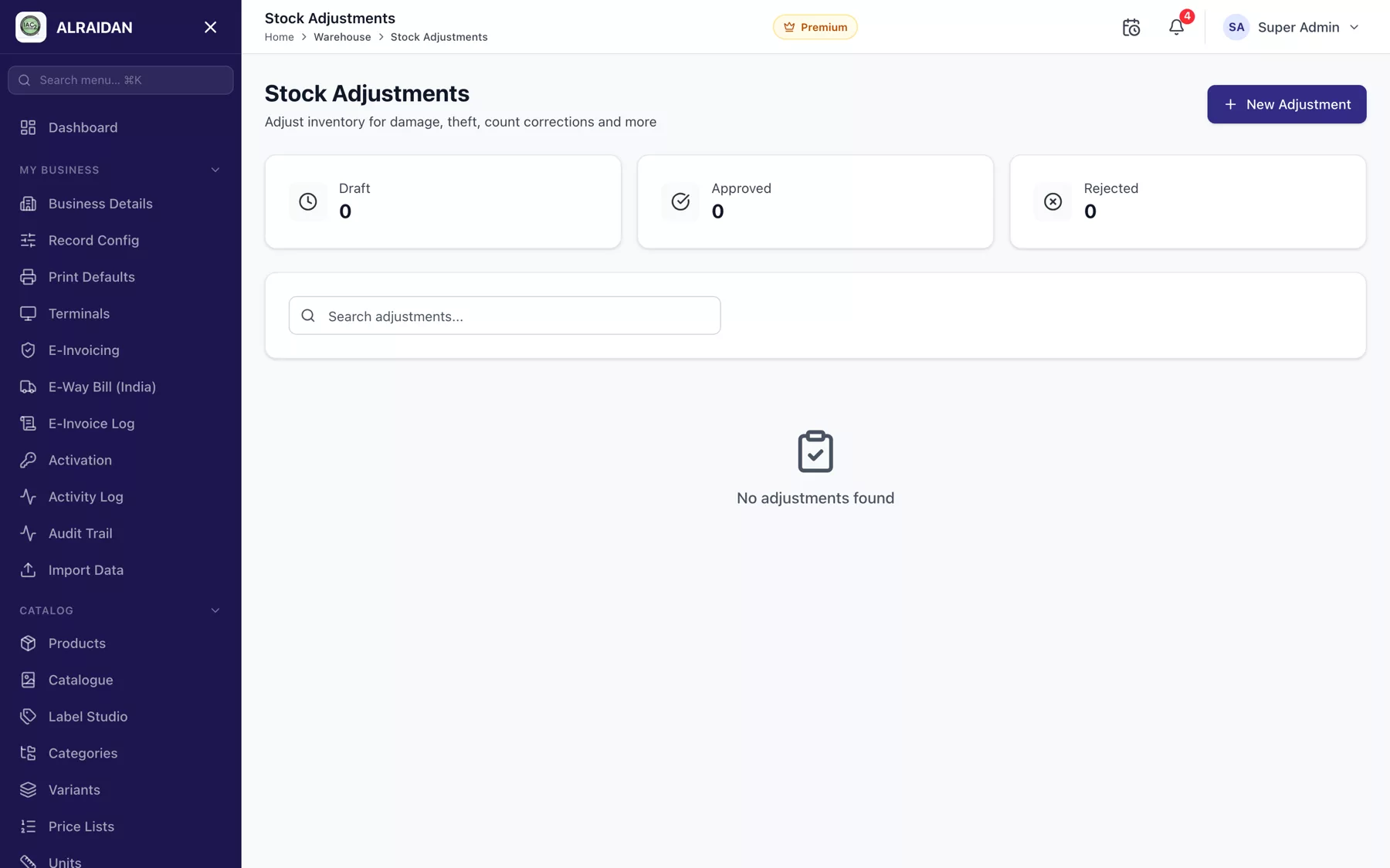 The Stock adjustments screen in MCPOS.