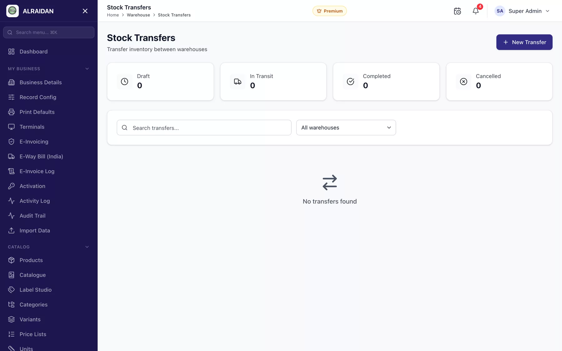 The Stock transfers screen in MCPOS.
