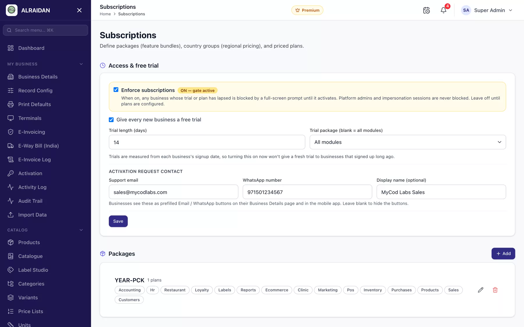 The Subscriptions screen in MCPOS.