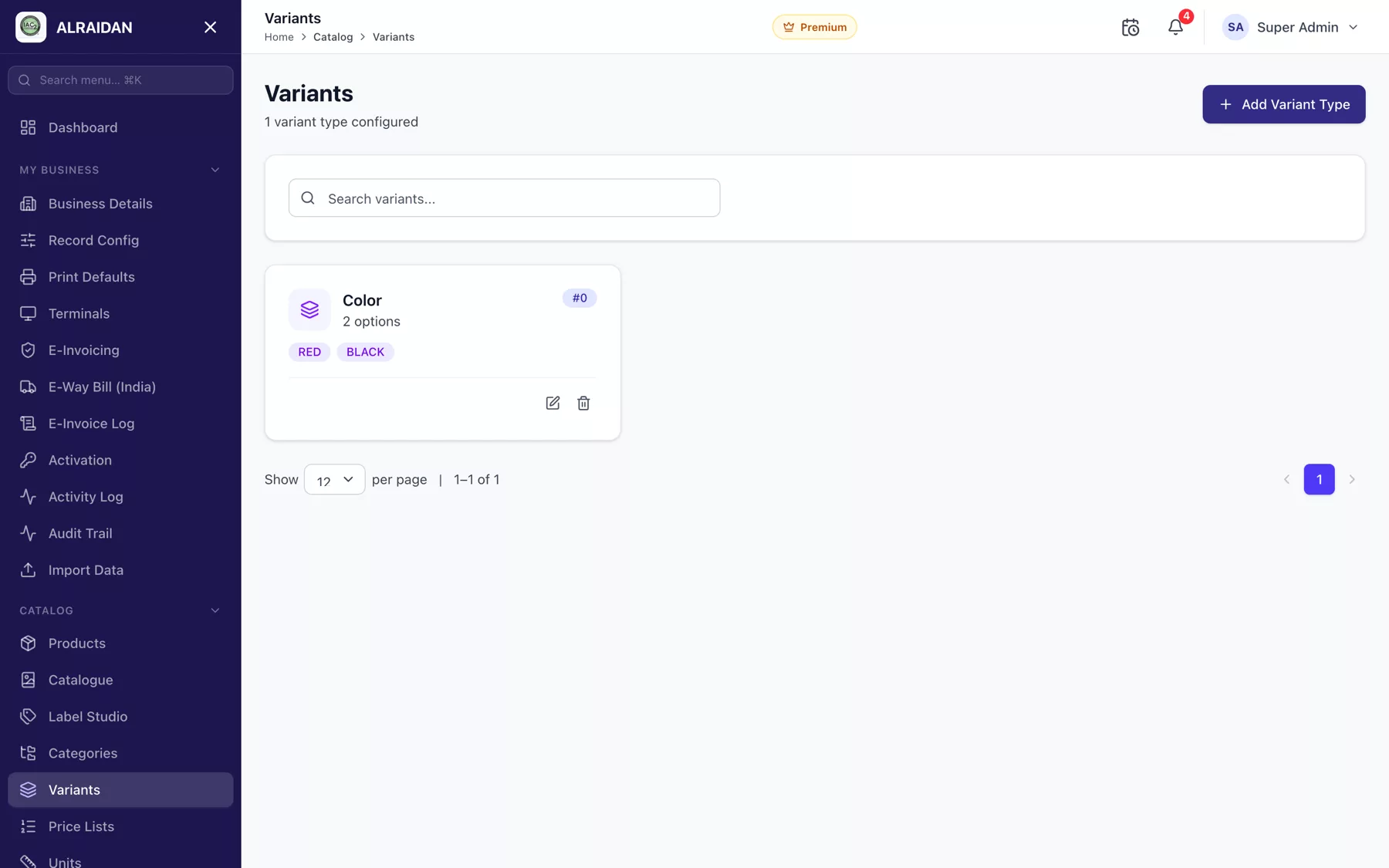 The Variants screen in MCPOS.