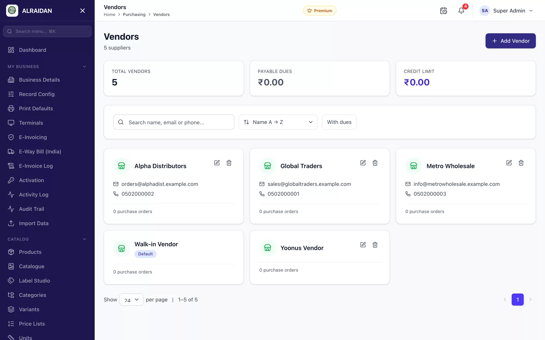 The Vendors screen in MCPOS.