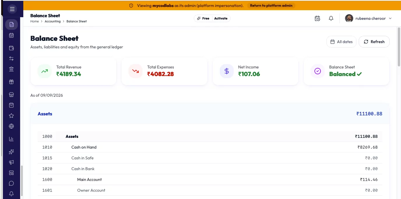 MCPOS Cloud balance sheet with assets, liabilities and equity from the general ledger