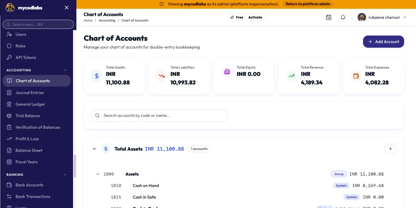 MCPOS Cloud chart of accounts for double-entry bookkeeping with total assets and liabilities
