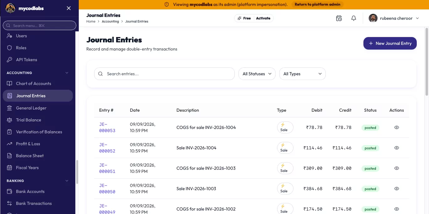 MCPOS Cloud journal entries list with automatic COGS and sale postings