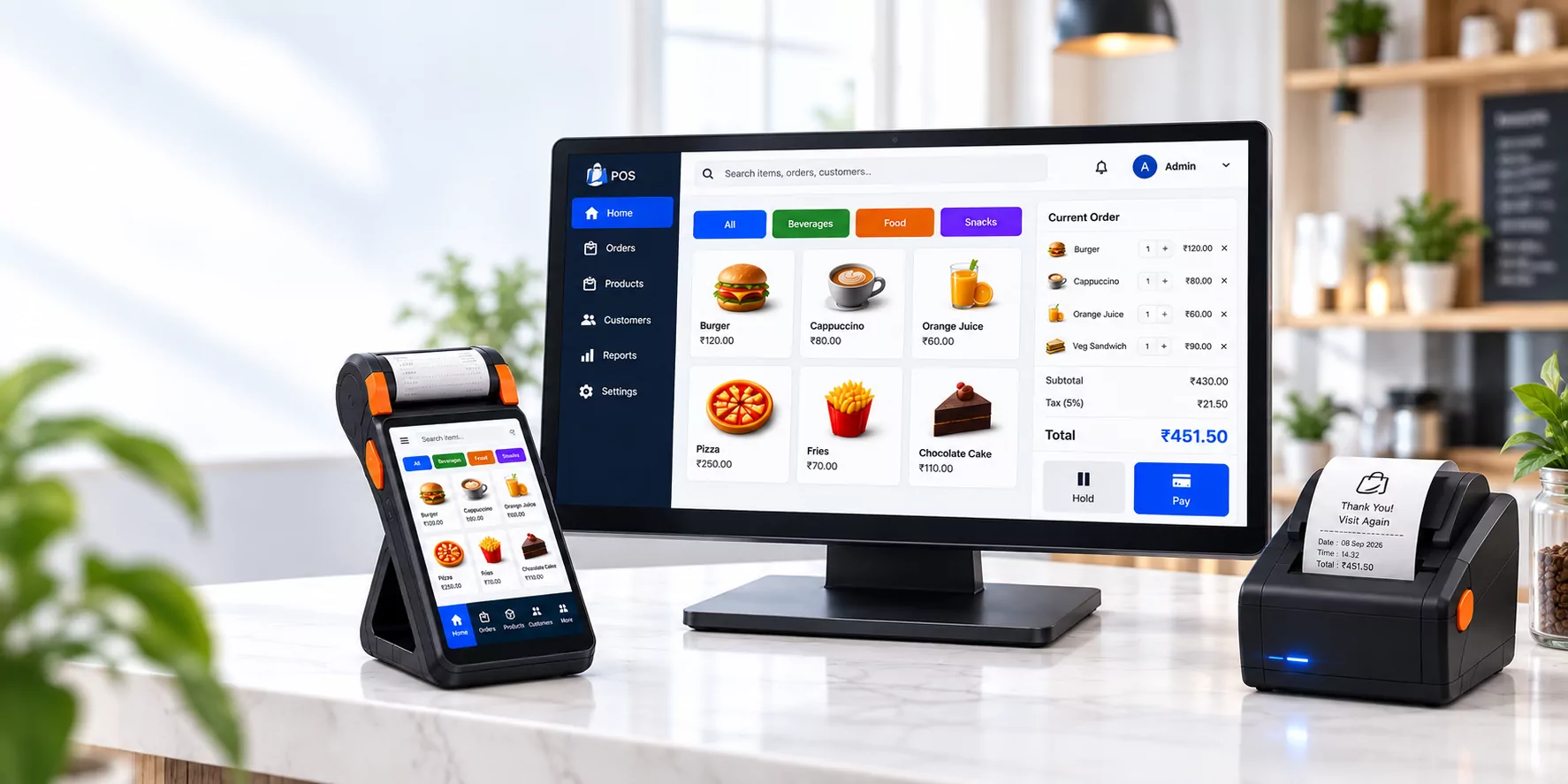 MCPOS Cloud running on a shop counter — POS terminal, desktop till with product grid and order summary, and a thermal receipt printer